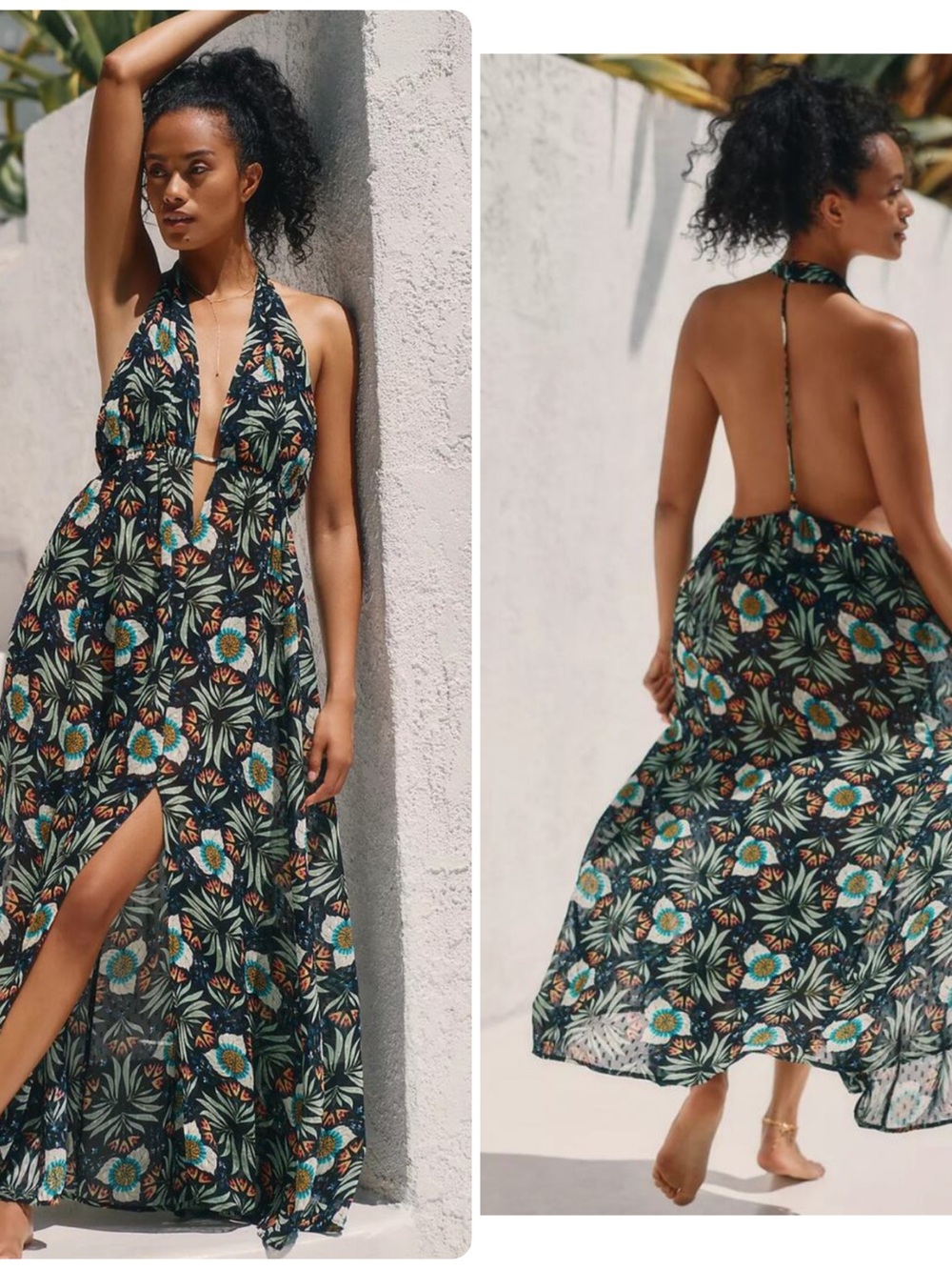 Brenda Quinn x Anthropologie Tropical Floral Resort Wear Halter Maxi Dress
